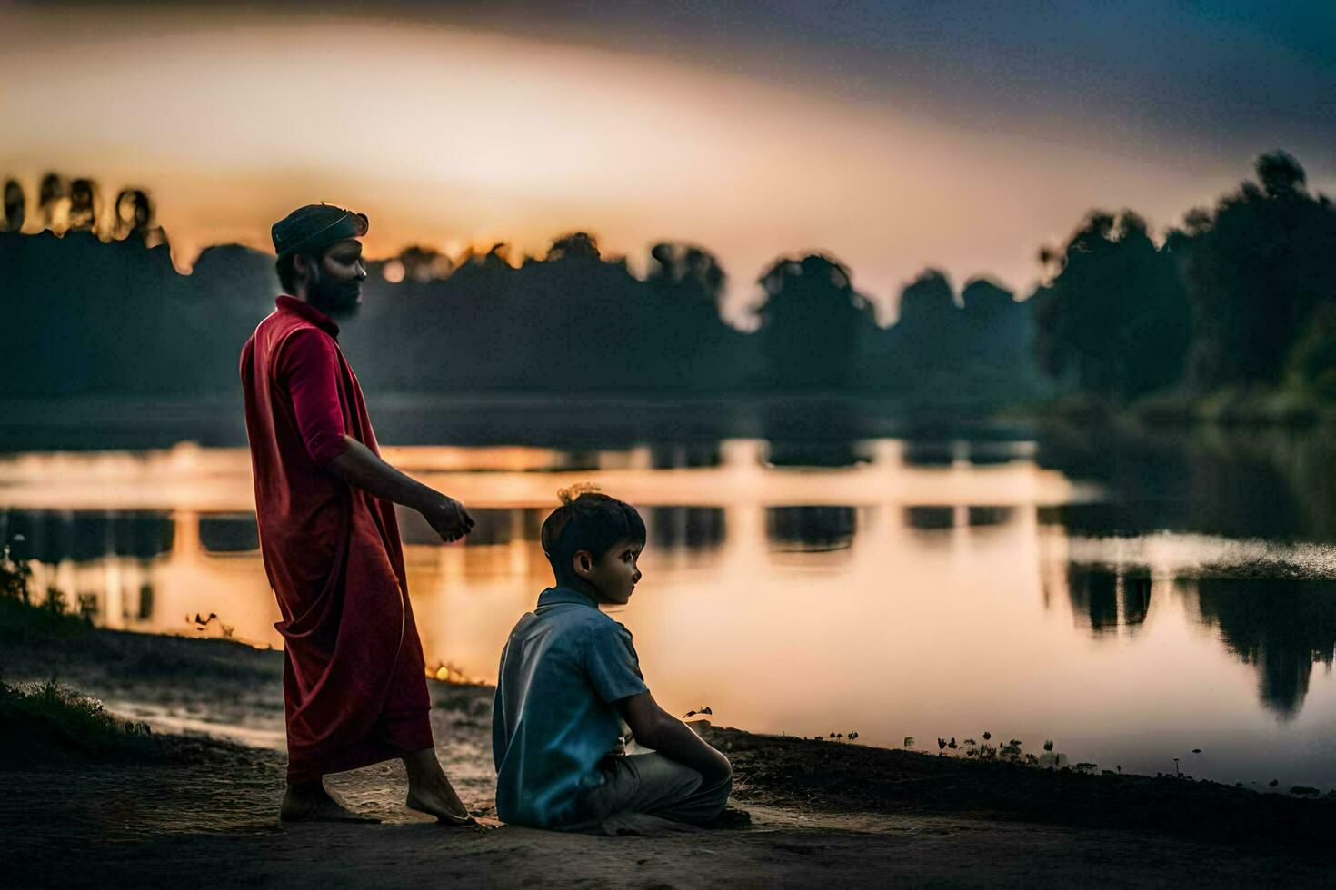 a man and boy sitting on the shore of a lake at sunset. AI-Generated photo