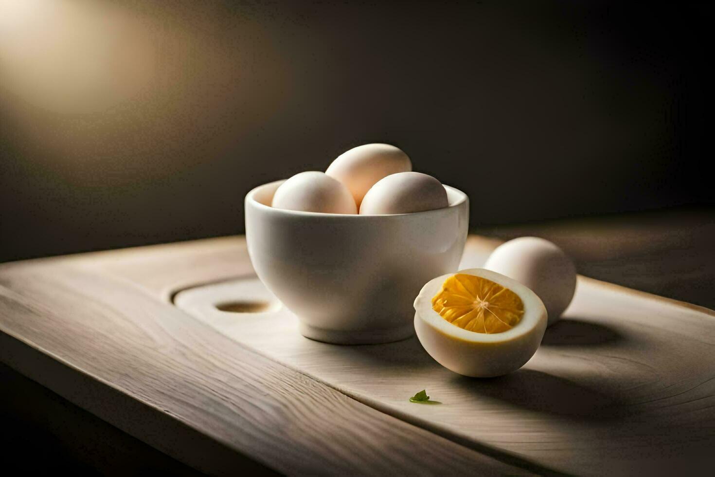 a bowl of eggs and a slice of lemon on a wooden table. AI-Generated photo