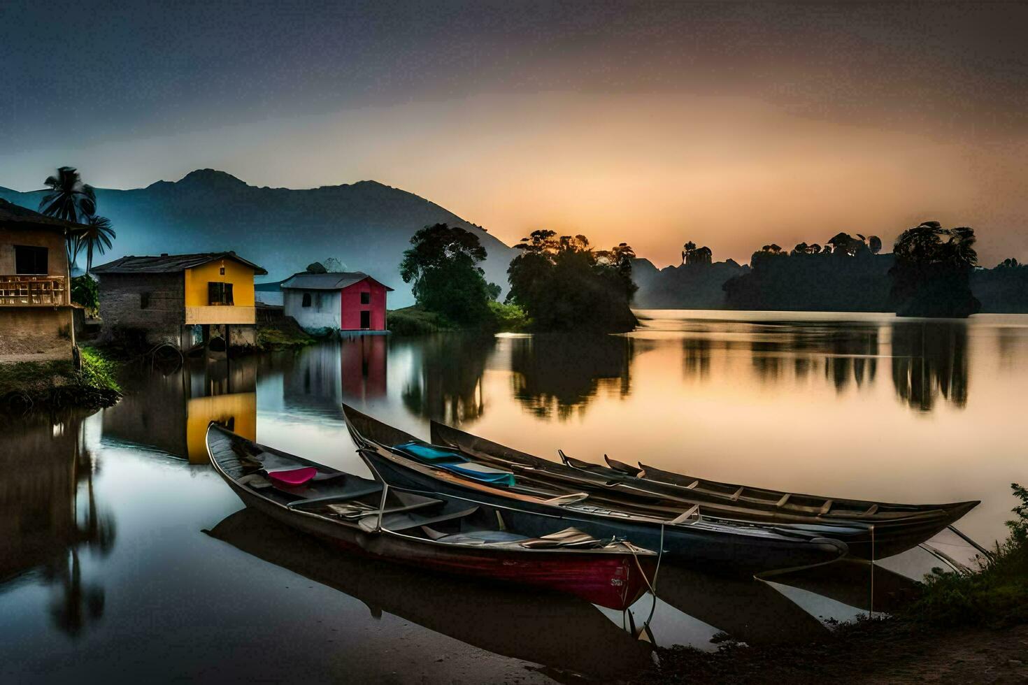 boats docked on the water at sunset. AI-Generated photo