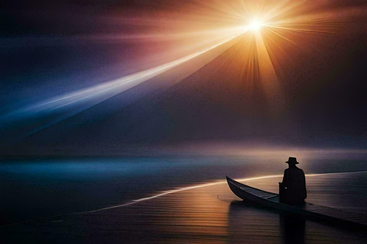 a man in a boat on the water at night. AI-Generated photo