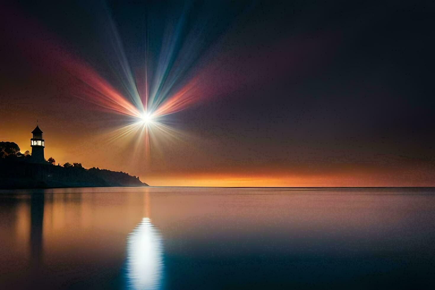 a lighthouse is seen in the distance at night. AI-Generated photo
