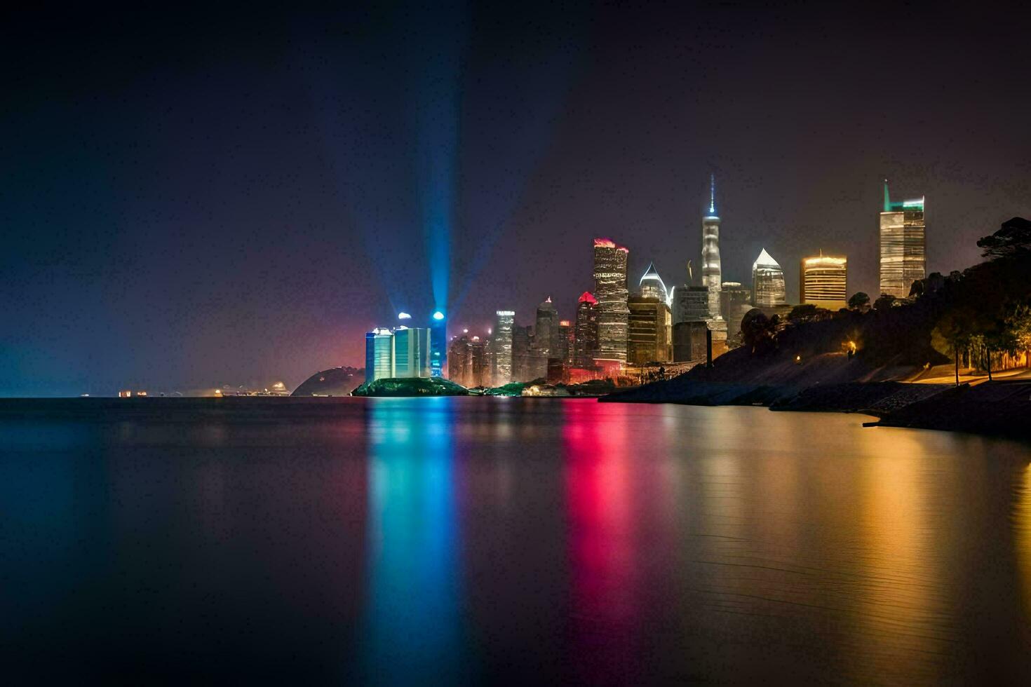 the city lights are reflected in the water. AI-Generated photo