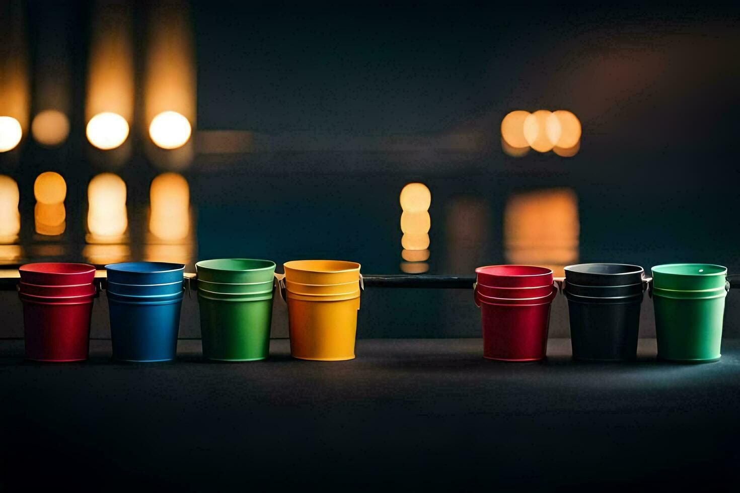 colorful cups lined up on a table with a light in the background. AI-Generated photo
