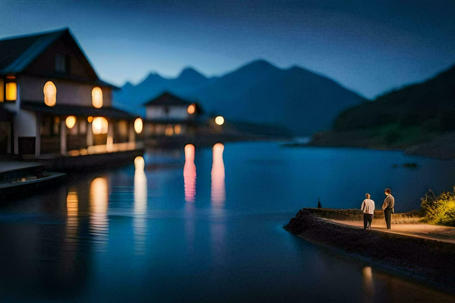 two people stand on the edge of a lake at night. AI-Generated photo