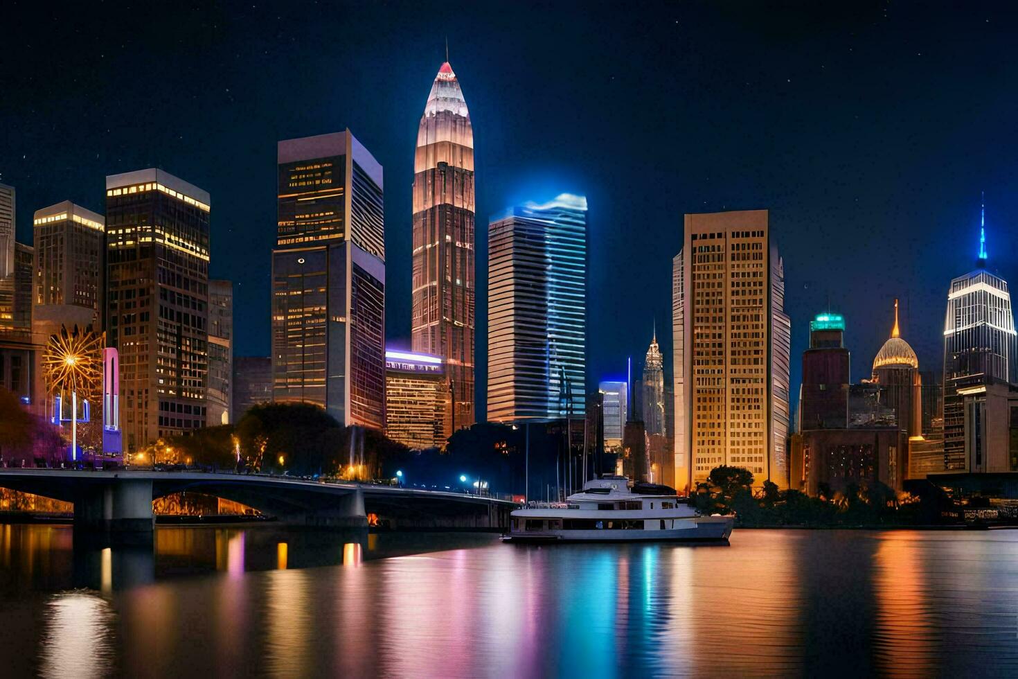 el ciudad horizonte a noche con luces reflejando apagado el agua. generado por ai foto