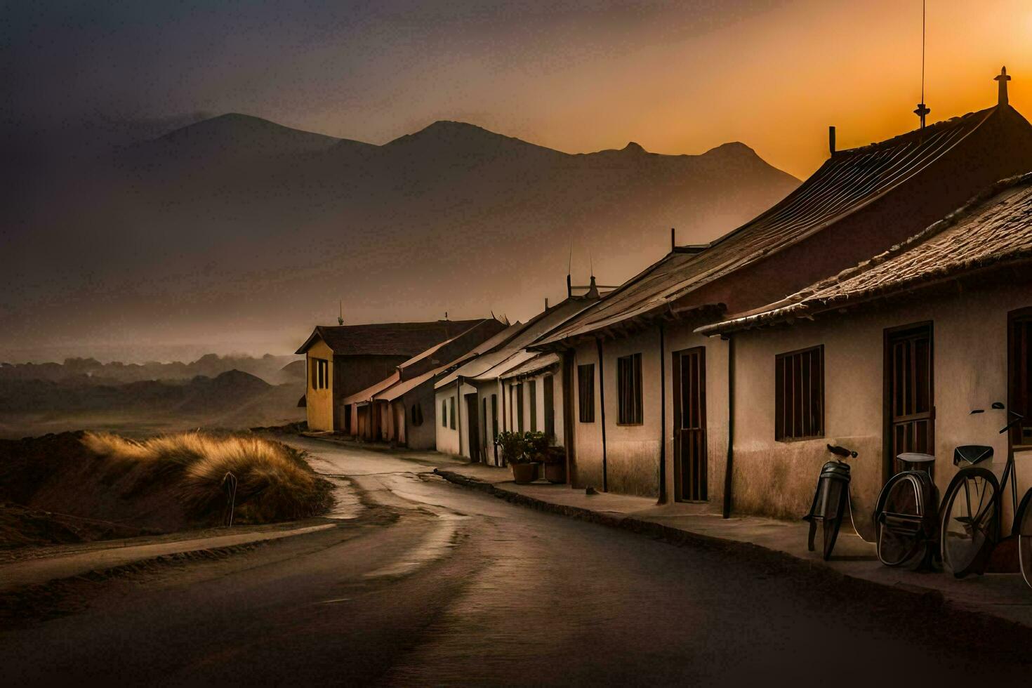 a road with bicycles parked in front of a house. AI-Generated photo
