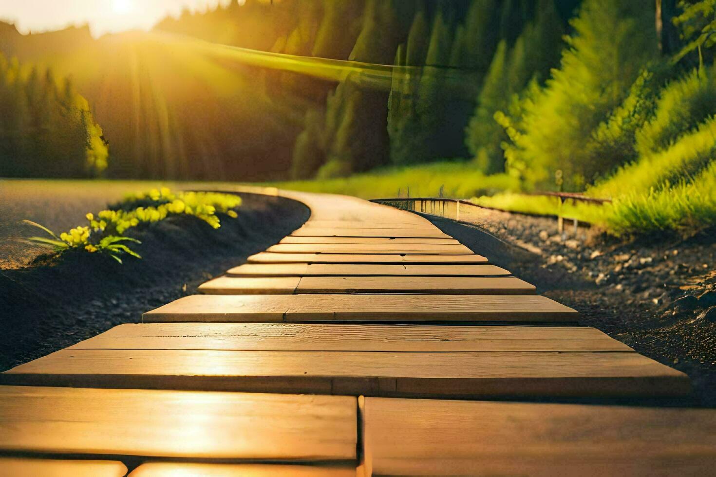 a wooden path in the middle of a field. AI-Generated photo