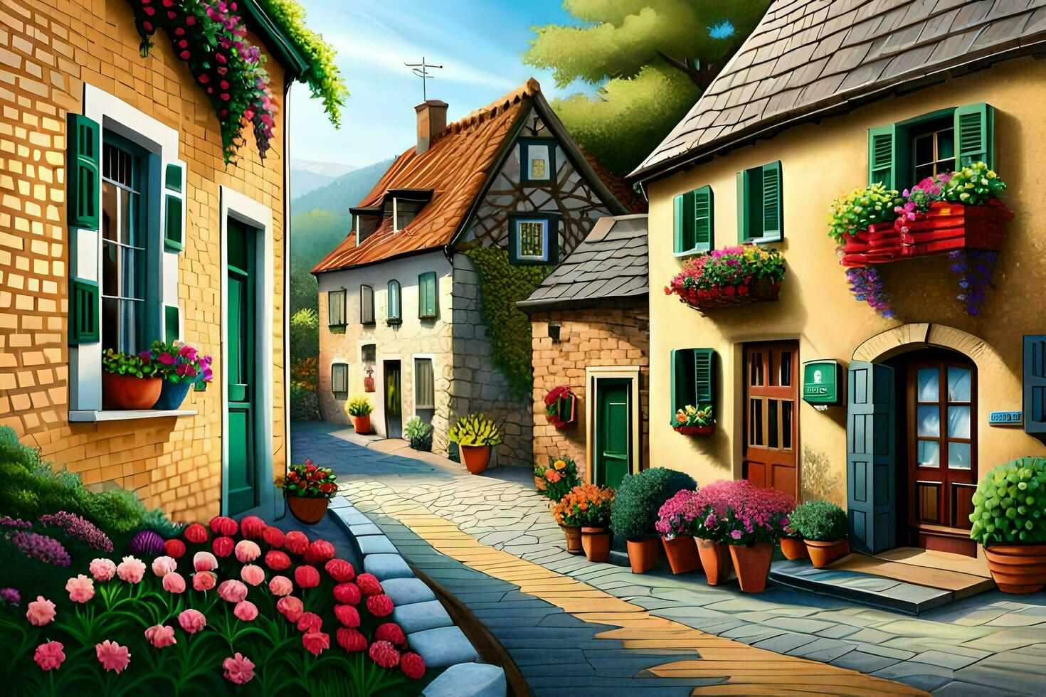 a painting of a street with flowers and flowers. AI-Generated photo