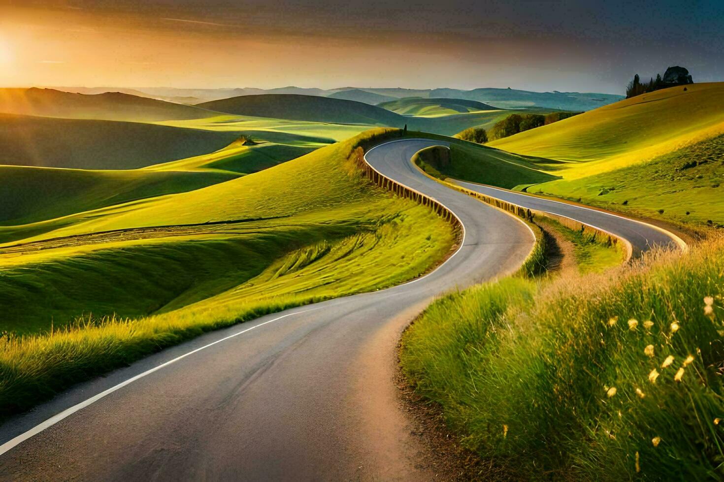 the road to the sunset. AI-Generated photo