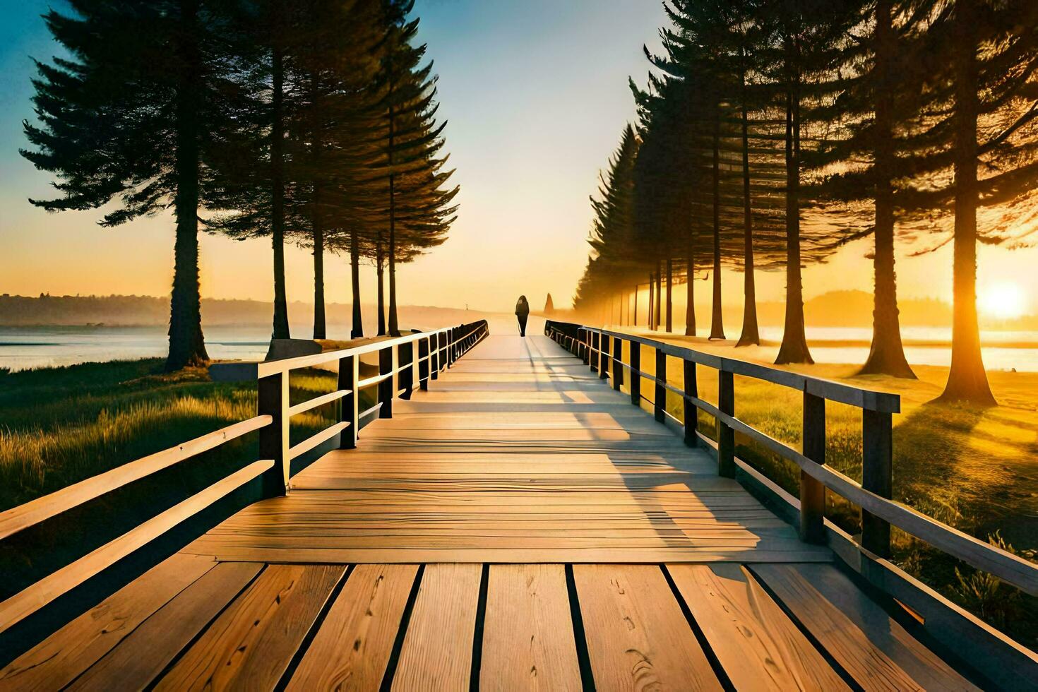 a wooden bridge leads to a lake at sunset. AI-Generated photo