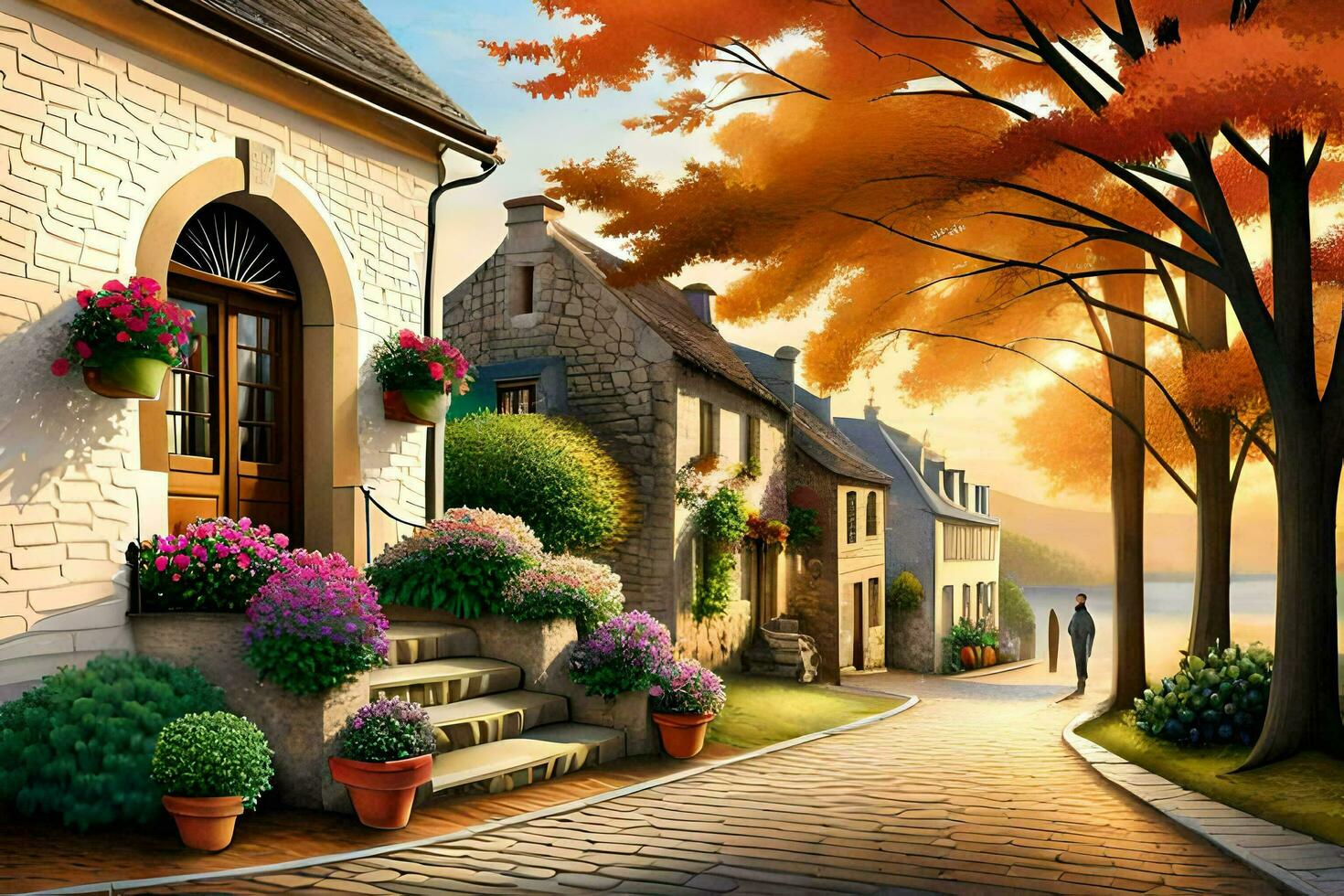 a painting of a street with flowers and trees. AI-Generated photo