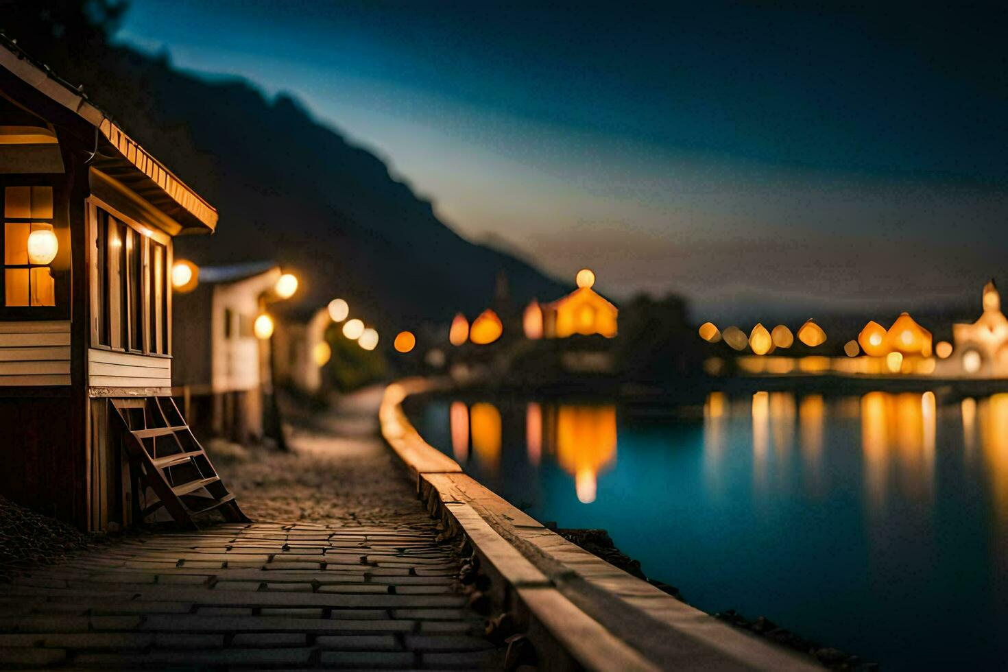 photo wallpaper the night, lake, house, the lights, the lights, the lights, the. AI-Generated