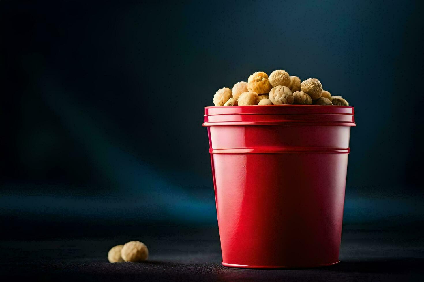 a red bucket filled with peanuts on a dark background. AI-Generated photo