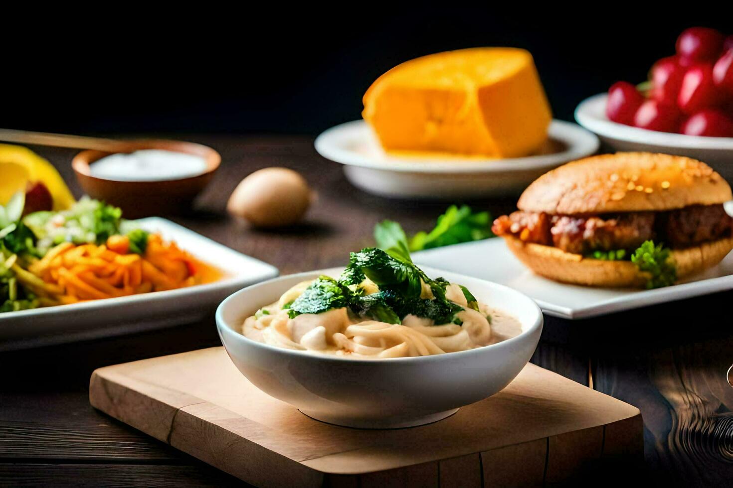 a table with food and drinks on it. AI-Generated photo