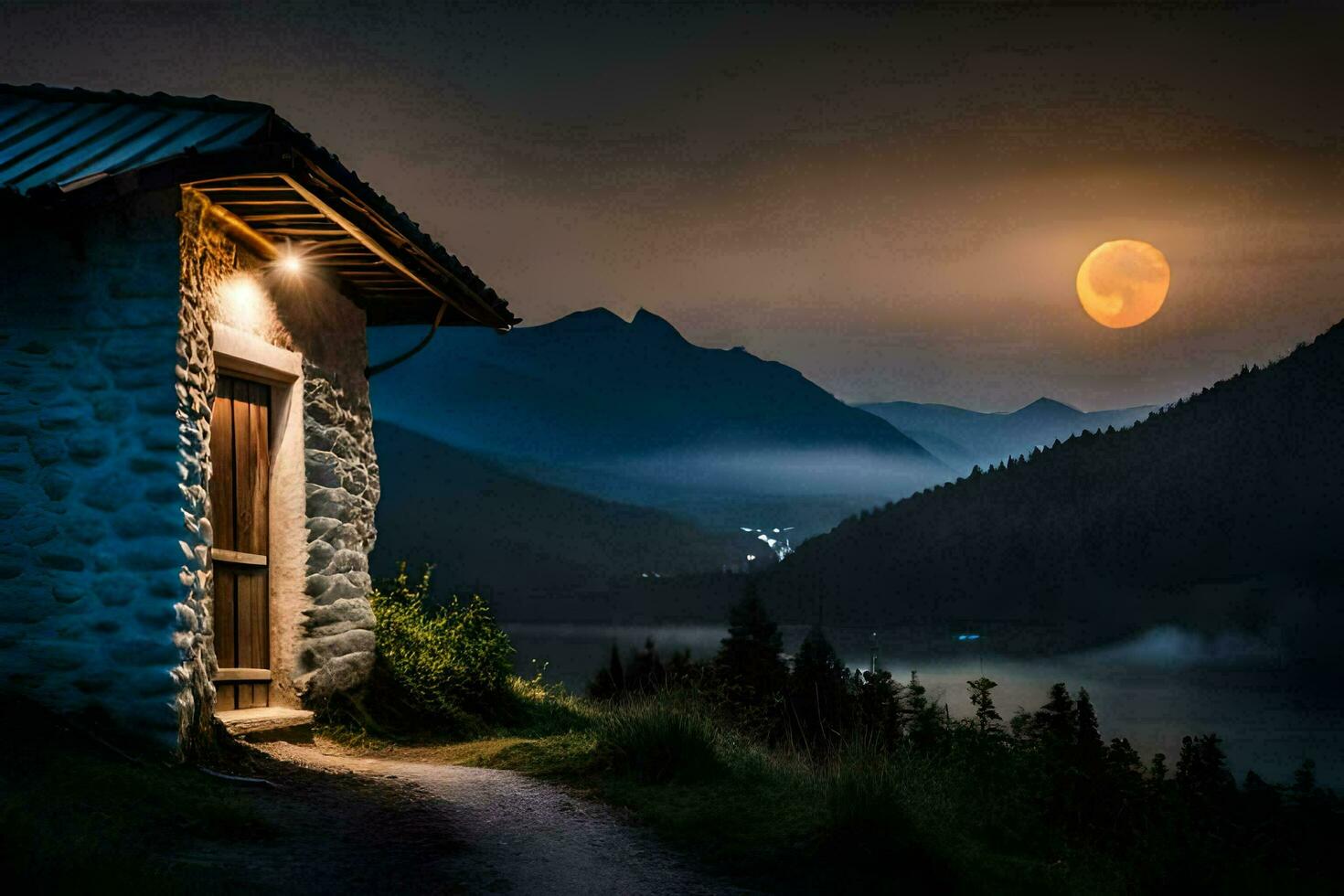 un pequeño cabina en el montañas con un lleno Luna. generado por ai foto