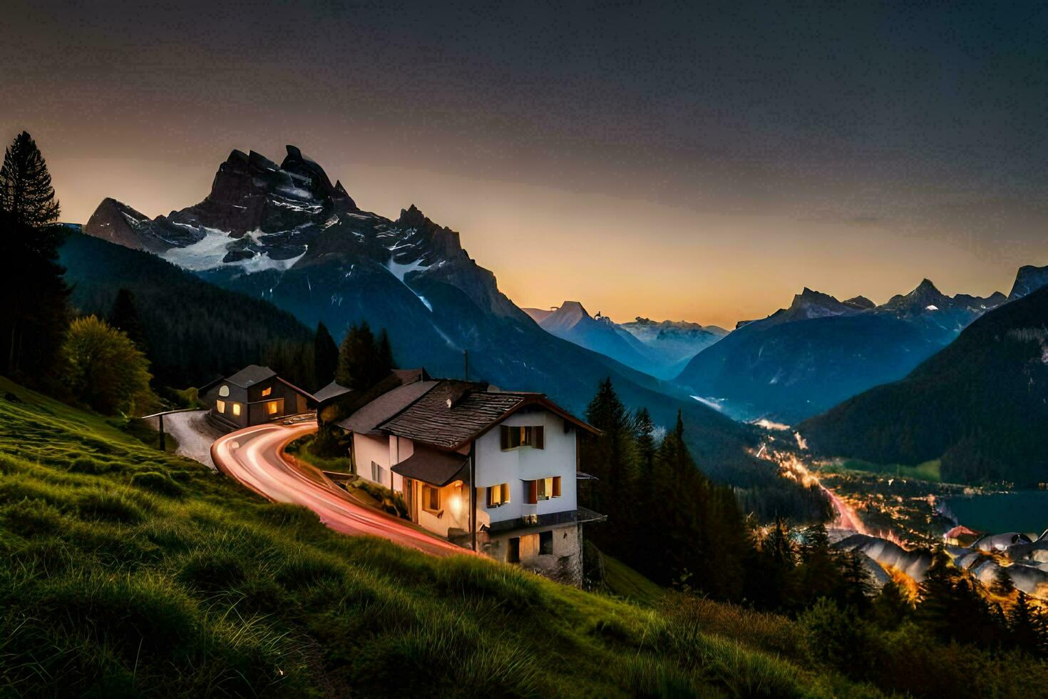 a house in the mountains at dusk with a mountain range in the background. AI-Generated photo