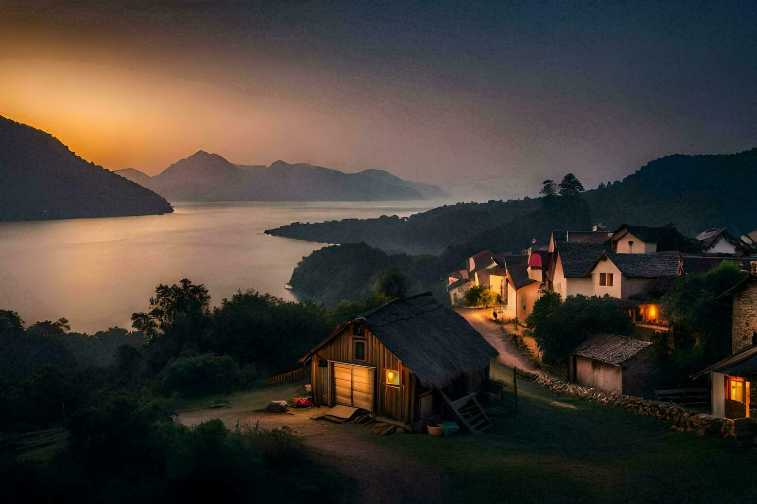photo wallpaper the sky, mountains, lake, sunset, the village, house, the sunset,. AI-Generated