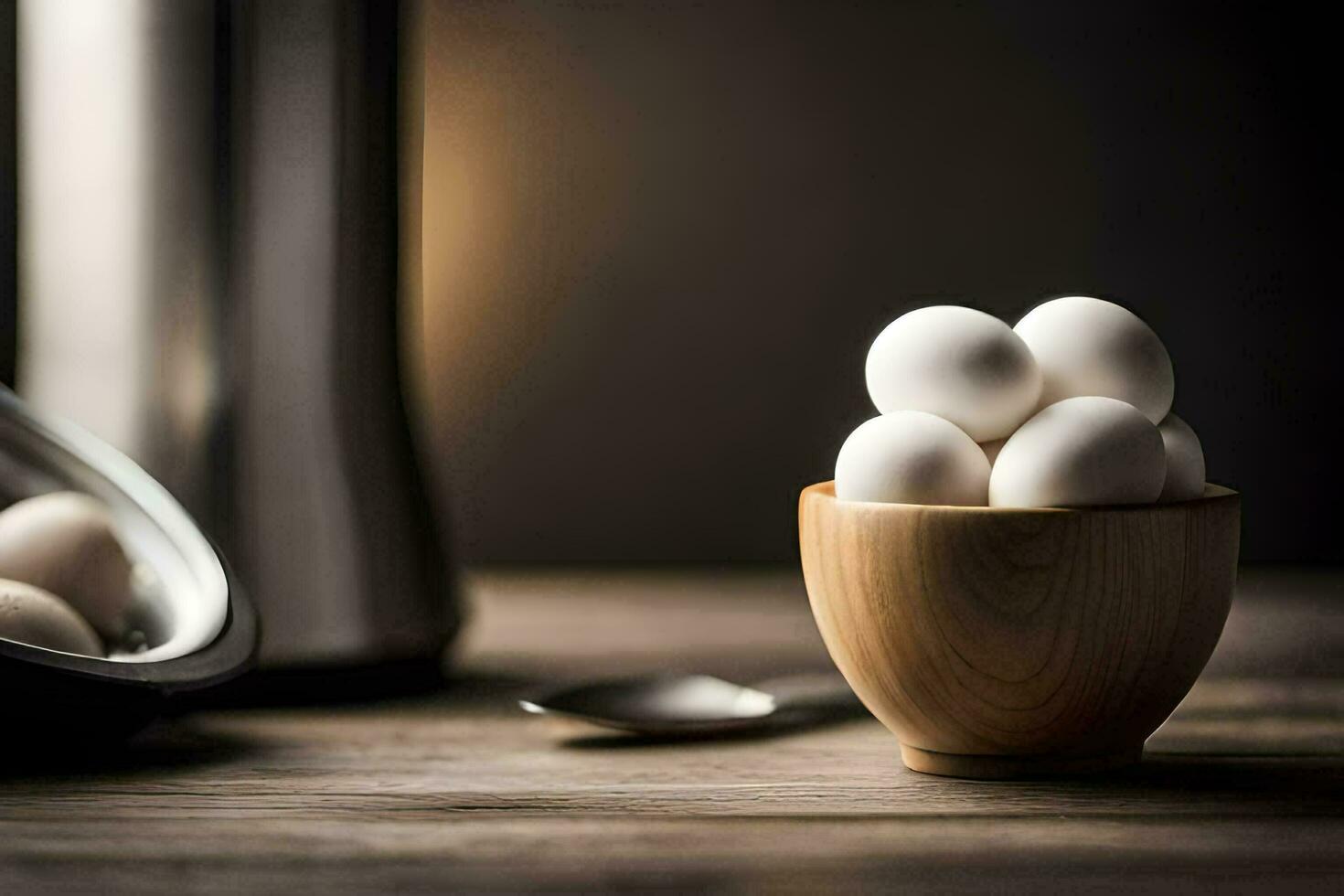 a bowl of eggs on a table next to a coffee maker. AI-Generated photo