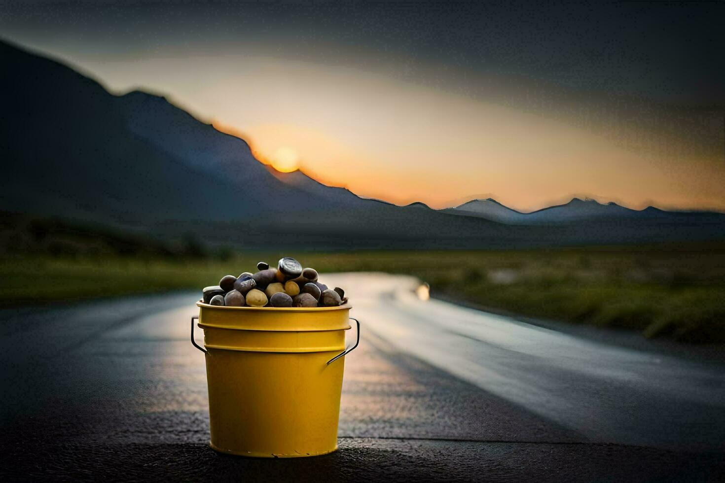 a bucket of nuts on the road at sunset. AI-Generated photo