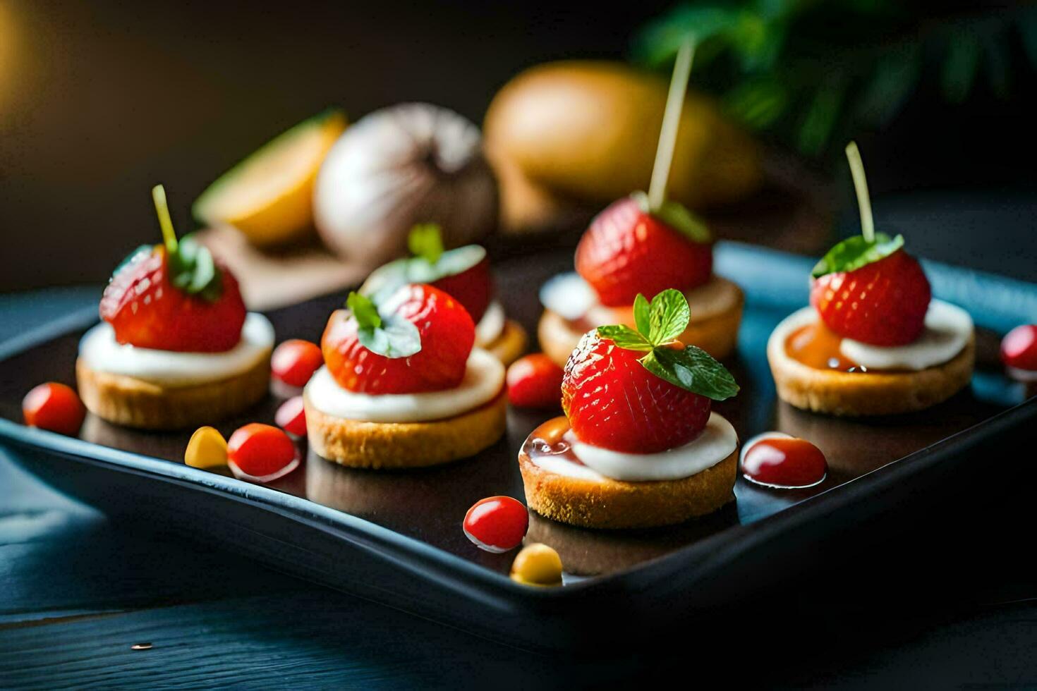 small appetizers with strawberries and cream on a black plate. AI-Generated photo