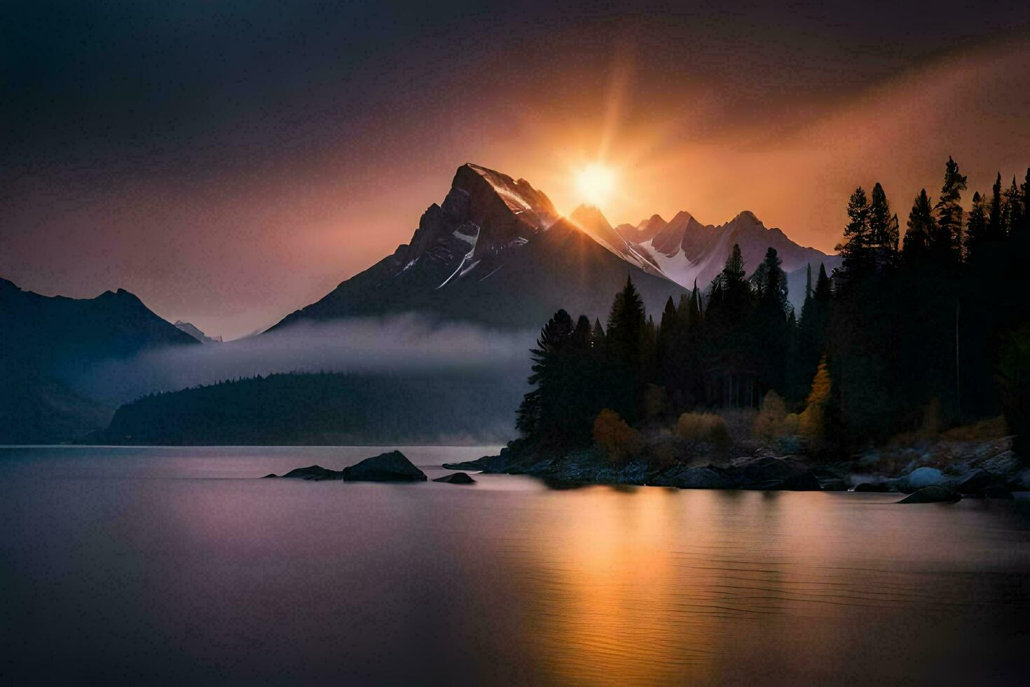 the sun rises over a mountain range and lake. AI-Generated photo
