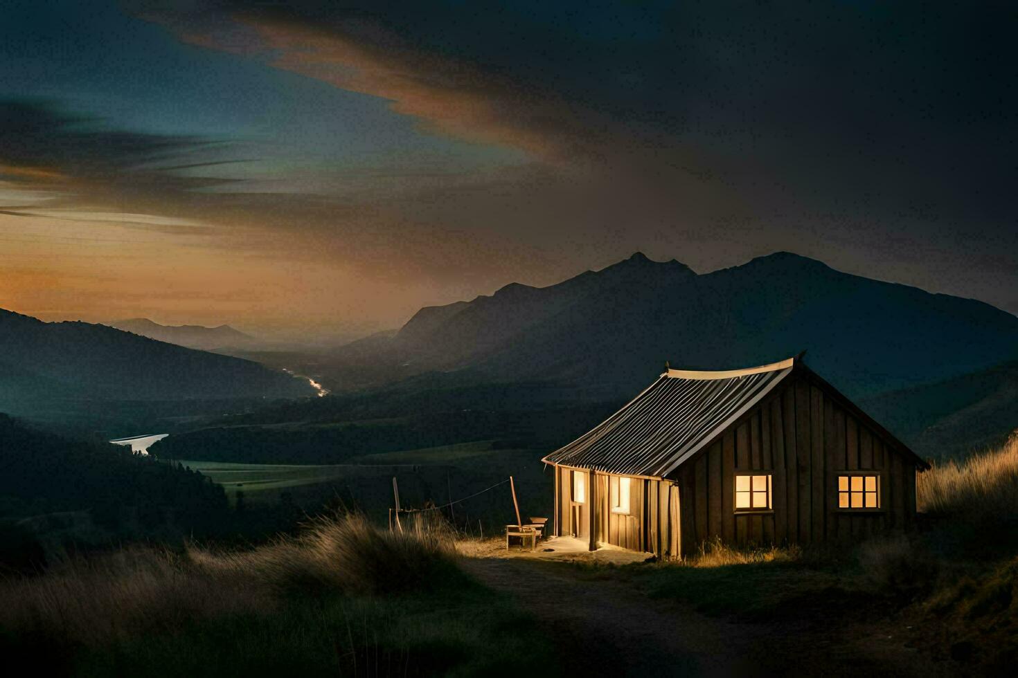 a cabin in the mountains at sunset. AI-Generated photo