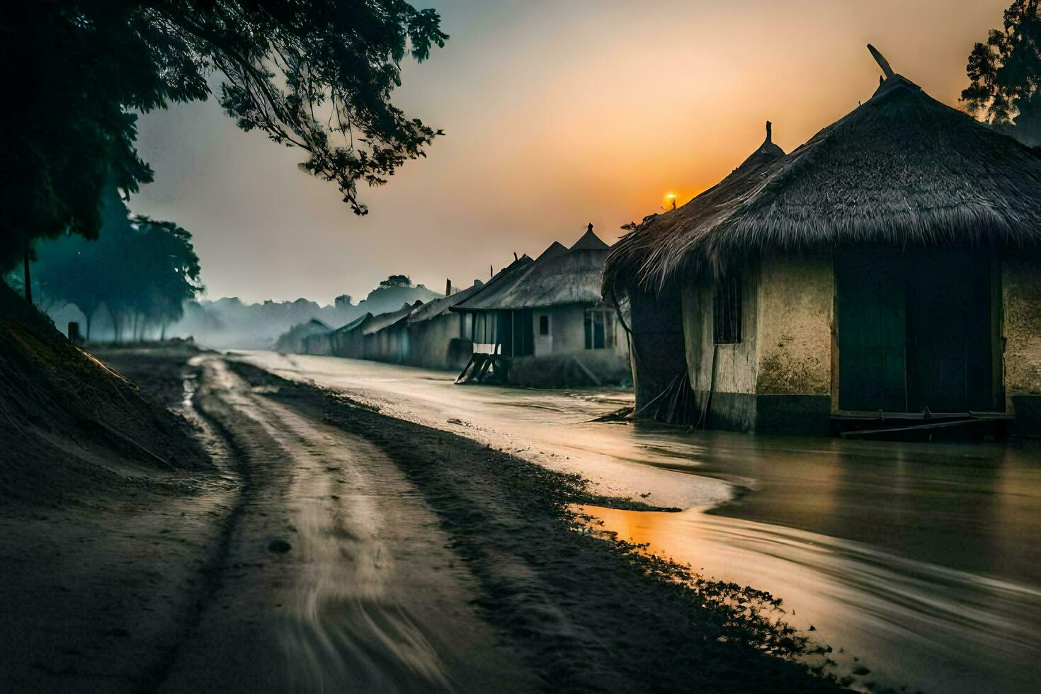 a road in the middle of a flooded area with thatched huts. AI-Generated photo
