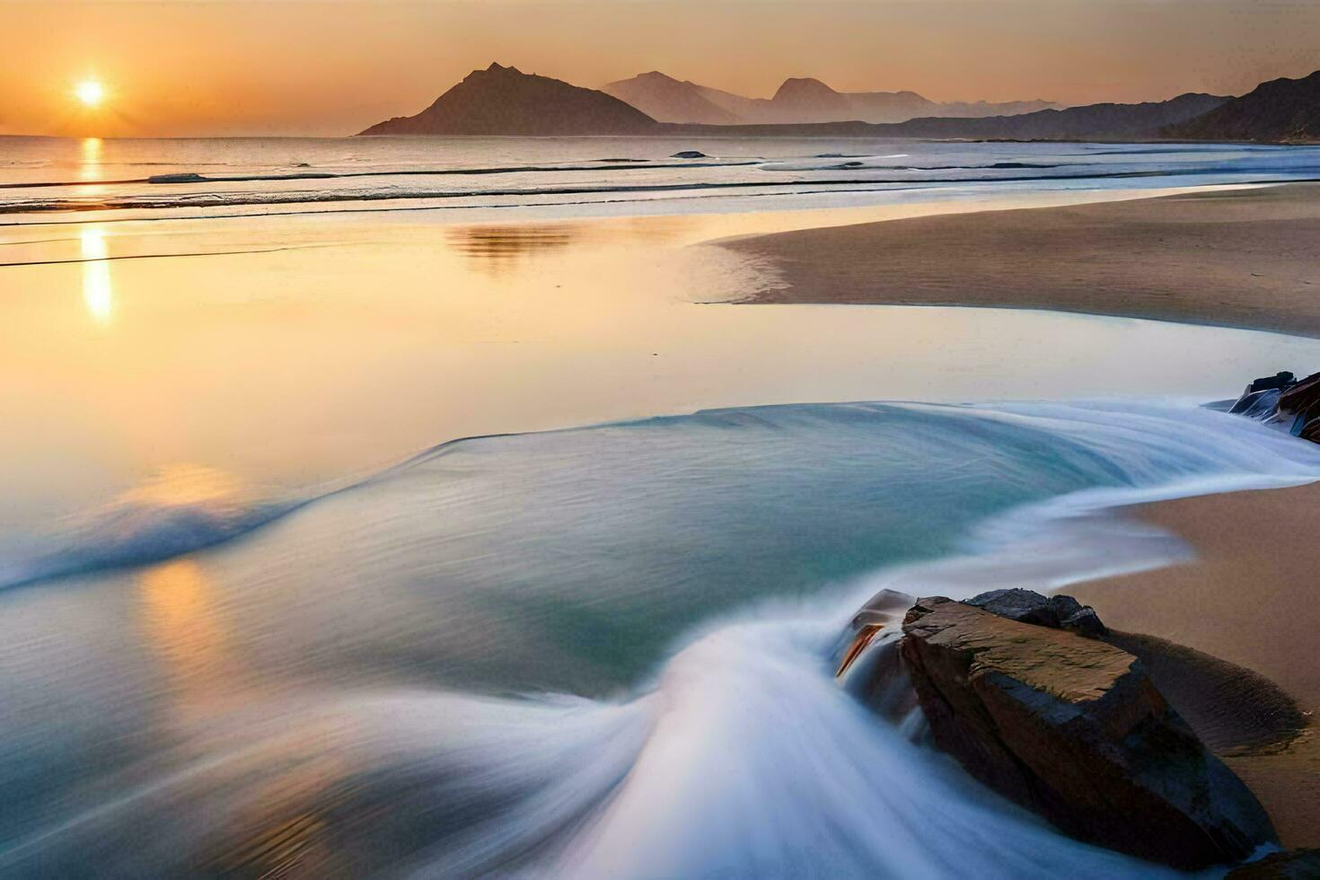 un hermosa puesta de sol terminado el Oceano con olas estrellarse en el playa. generado por ai foto