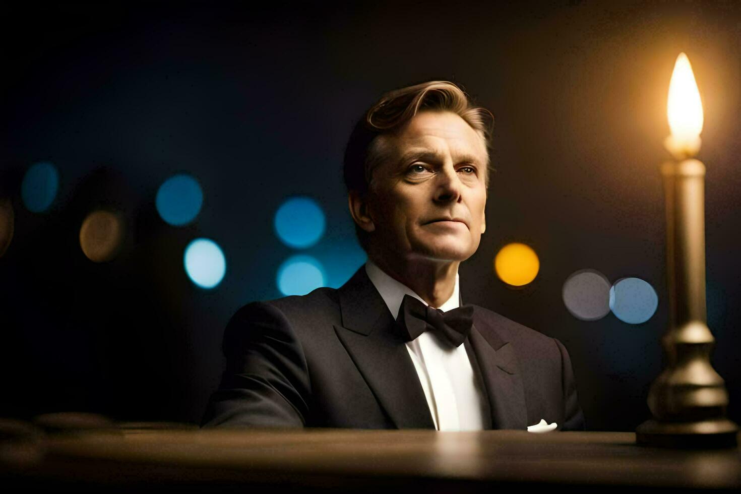 a man in a tuxedo sitting at a table with a candle. AI-Generated photo