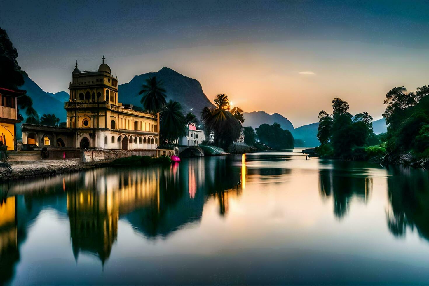 a river in the middle of a town at sunset. AI-Generated photo