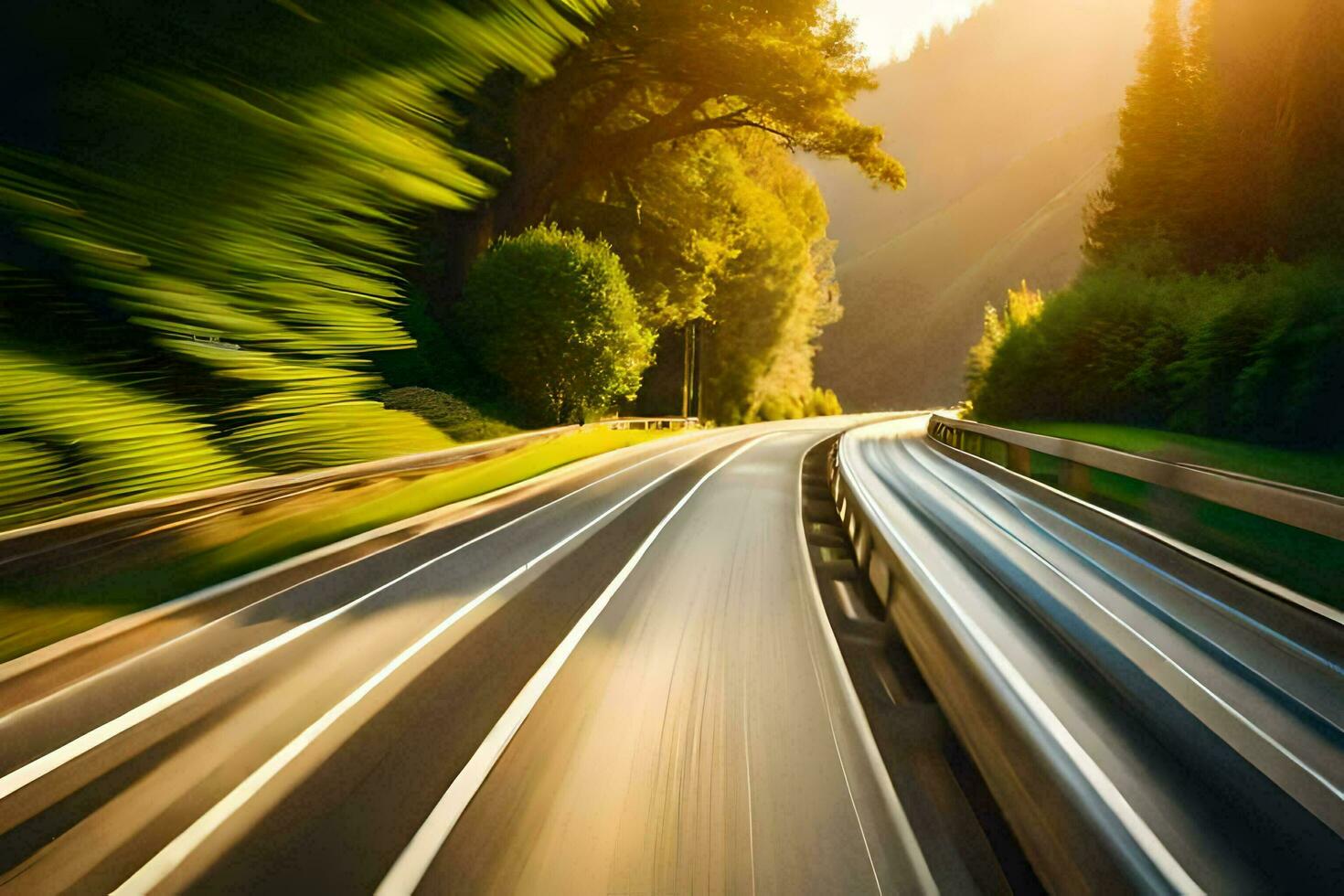 a car driving on a highway with the sun shining. AI-Generated photo