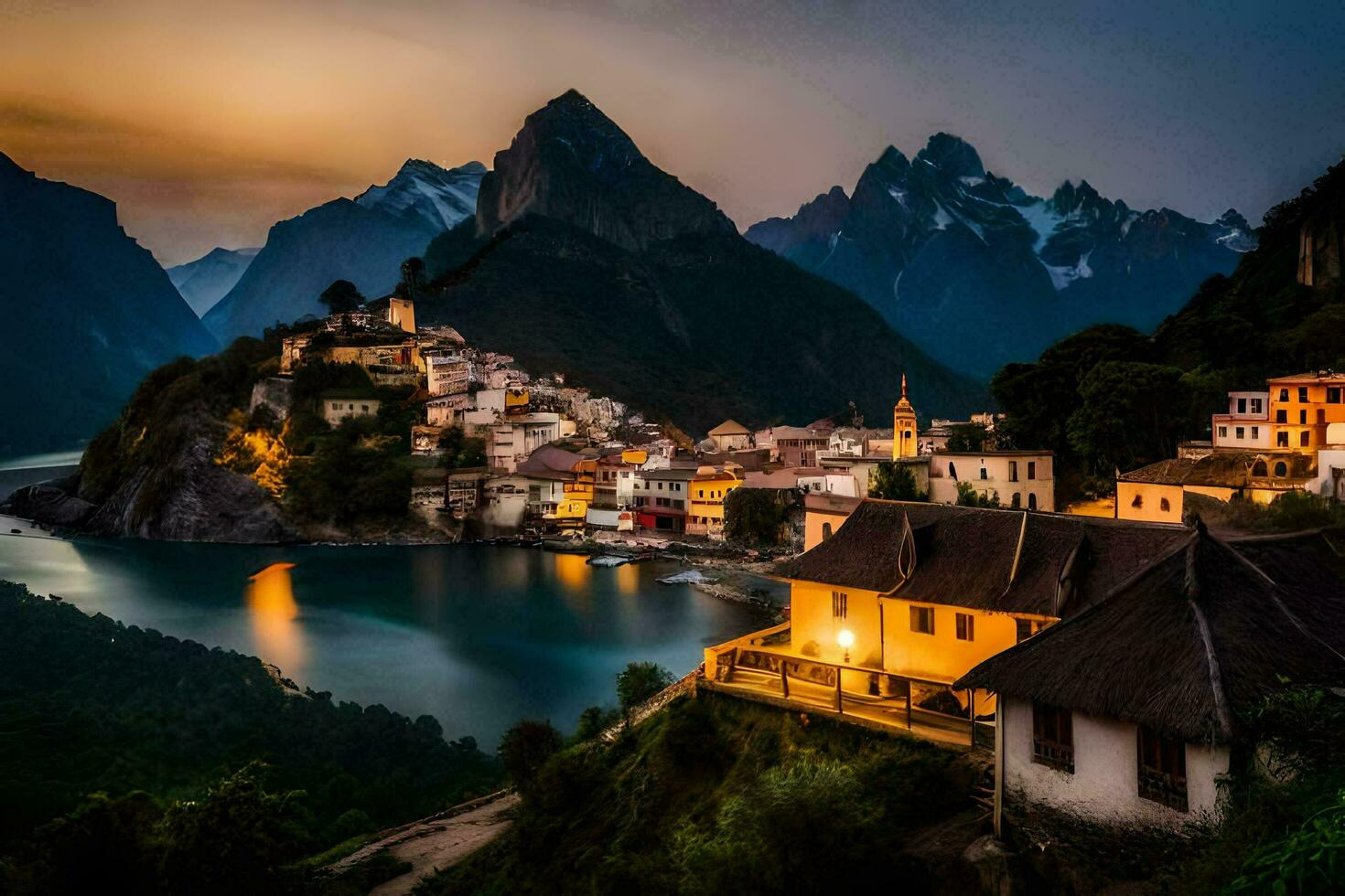 foto fondo de pantalla el cielo, montañas, agua, casas, lago, atardecer, el aldea, el. generado por ai