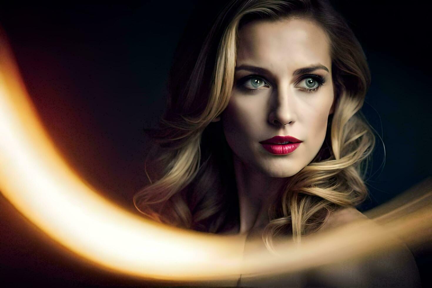 a beautiful blonde woman with red lipstick and a dark background. AI-Generated photo