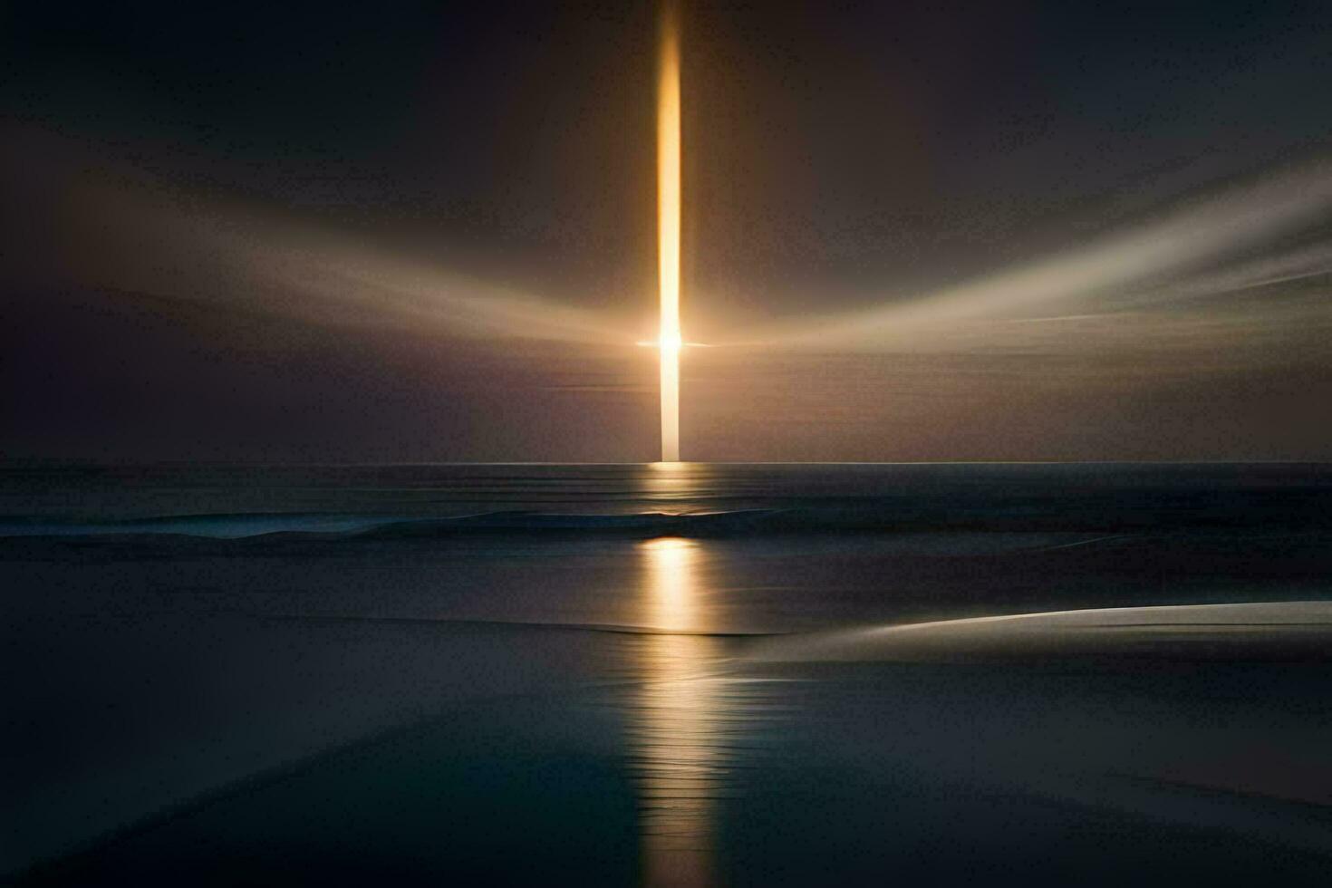 a long exposure photograph of a light shining over the ocean. AI-Generated photo