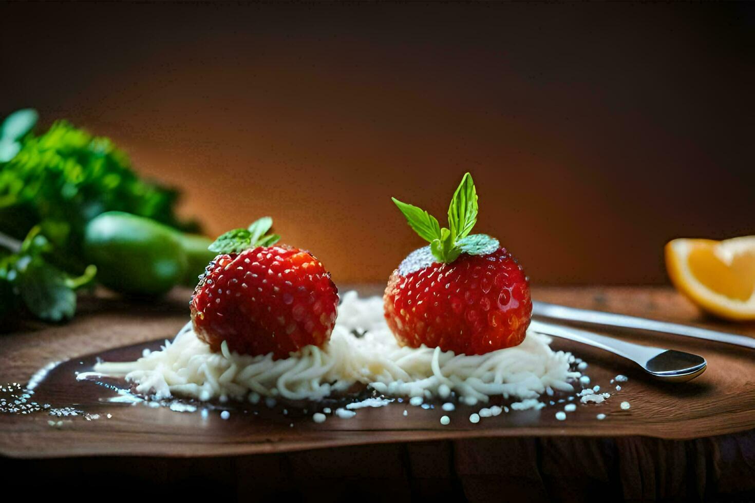 two strawberries on a wooden cutting board. AI-Generated photo