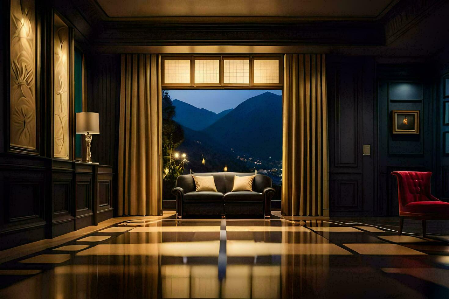 a room with a view of mountains and a couch. AI-Generated photo