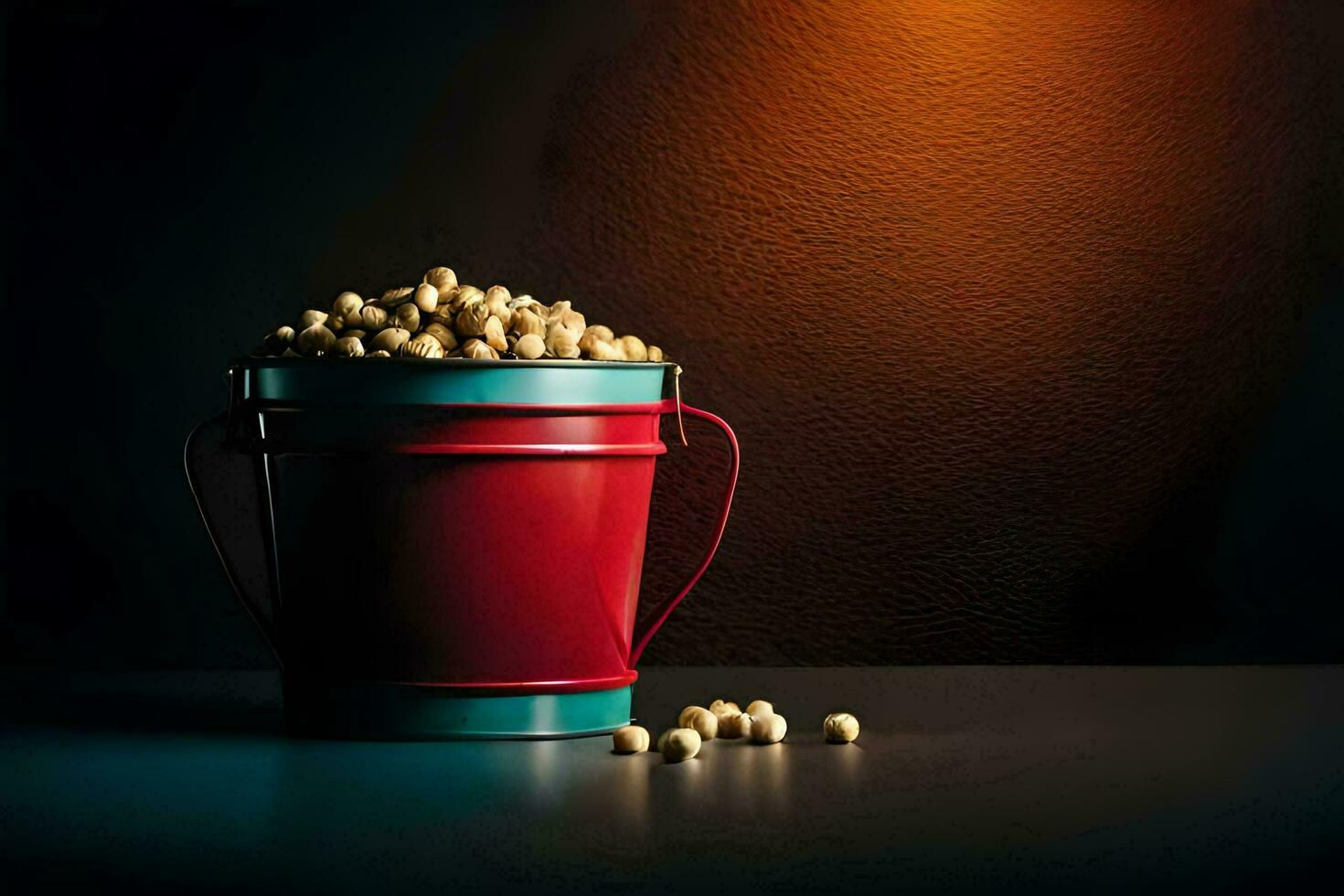 a red bucket filled with peanuts on a dark table. AI-Generated photo