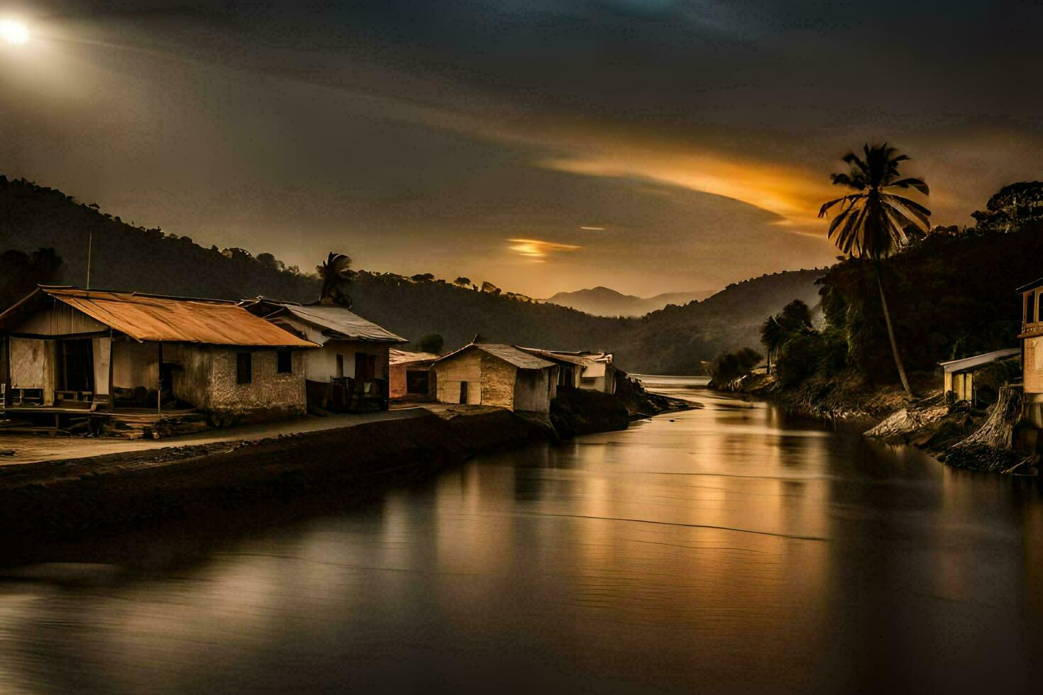 a river in the middle of a village at sunset. AI-Generated photo