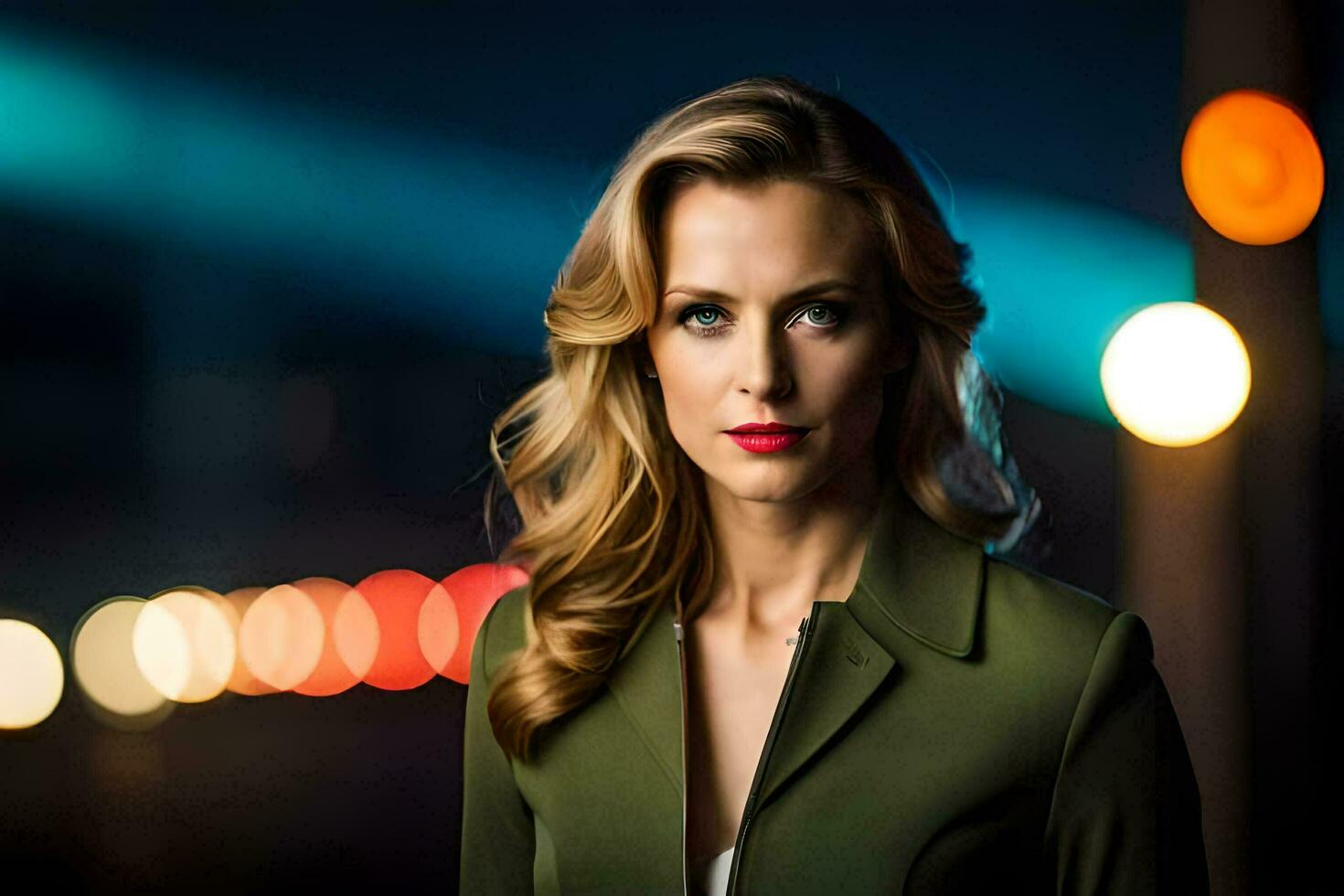 a beautiful blonde woman in a green jacket standing in front of a city. AI-Generated photo