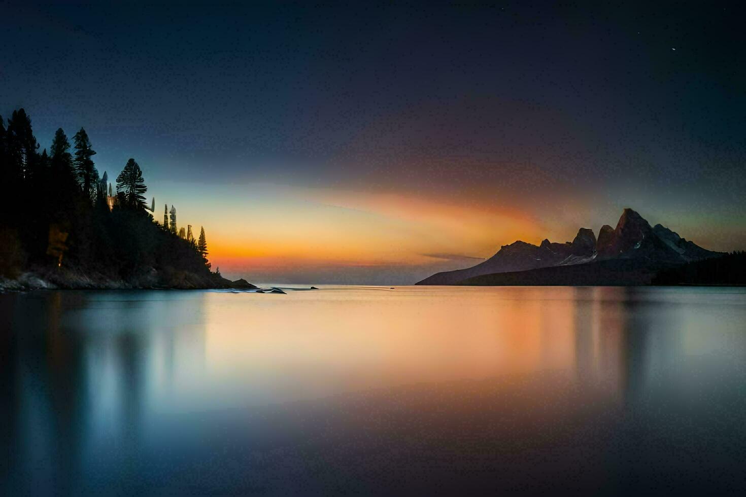 a beautiful sunset over a lake with trees and mountains. AI-Generated photo