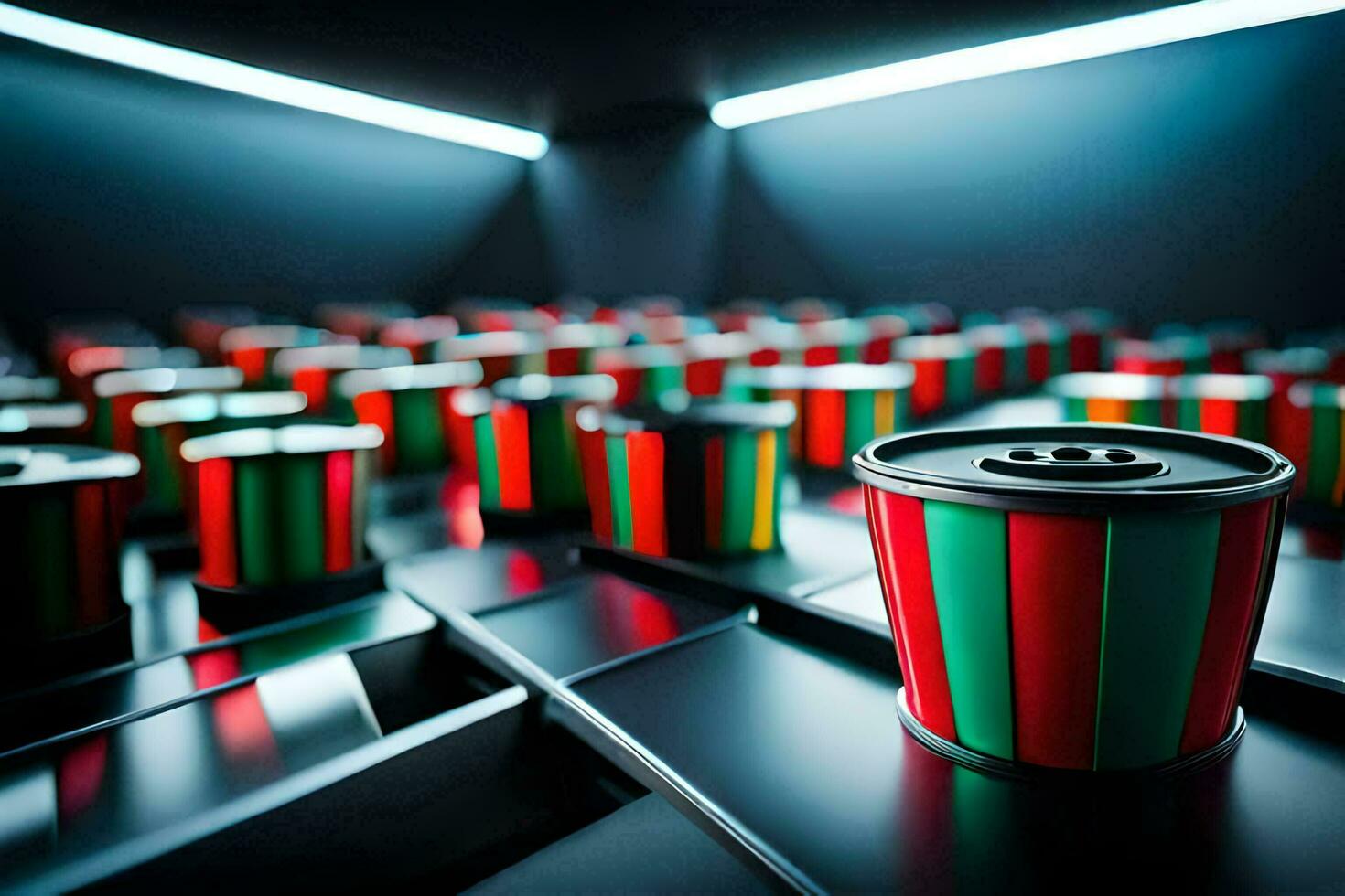 a row of red, green and black cups on a table. AI-Generated photo