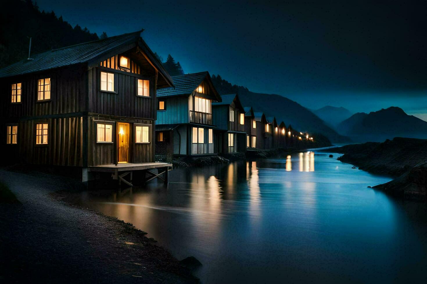 a row of wooden houses on the shore of a lake. AI-Generated photo