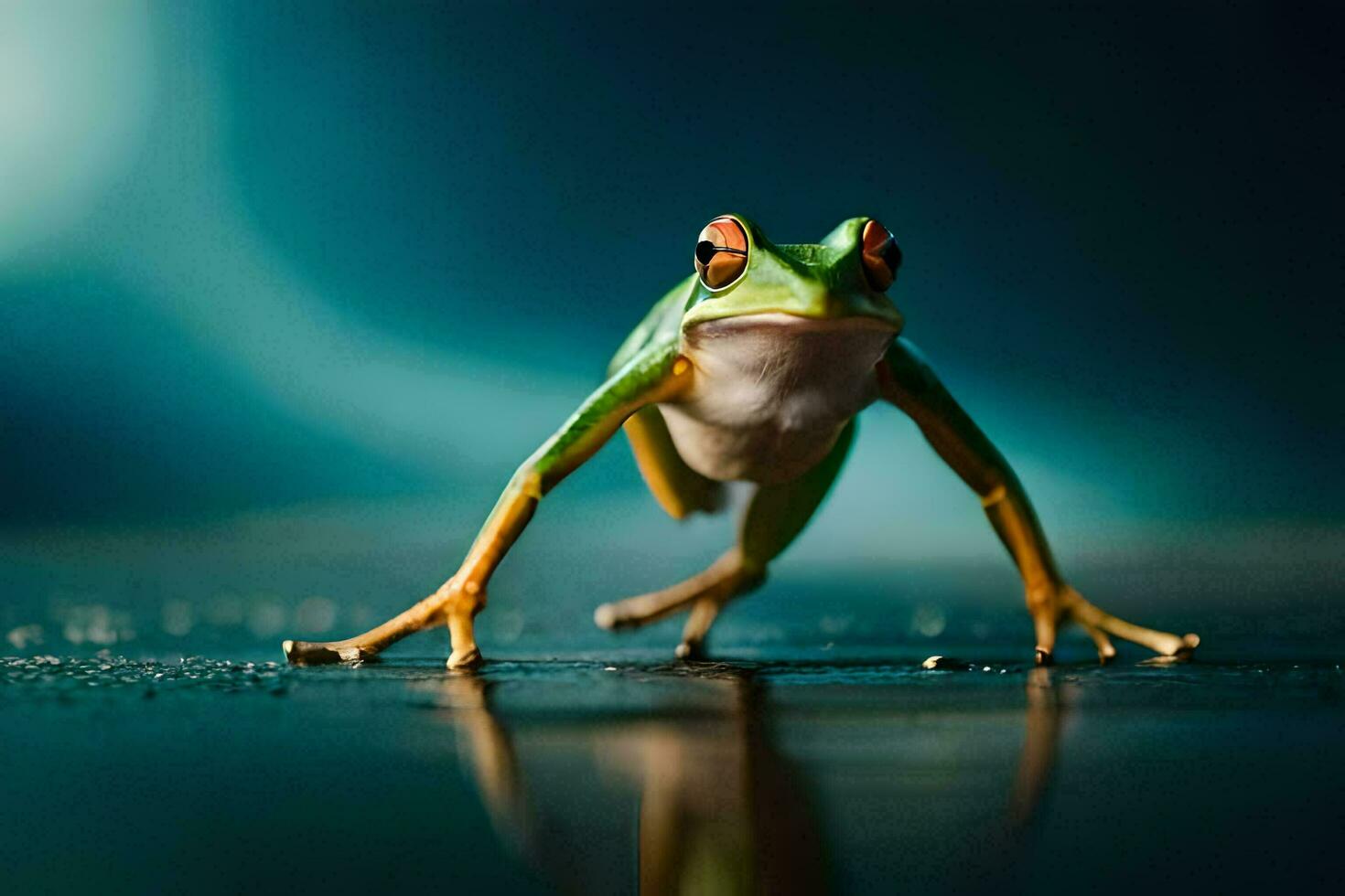 a frog is standing on its hind legs. AI-Generated photo