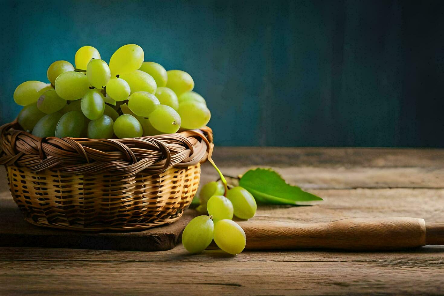 grapes in a basket on a wooden table. AI-Generated photo
