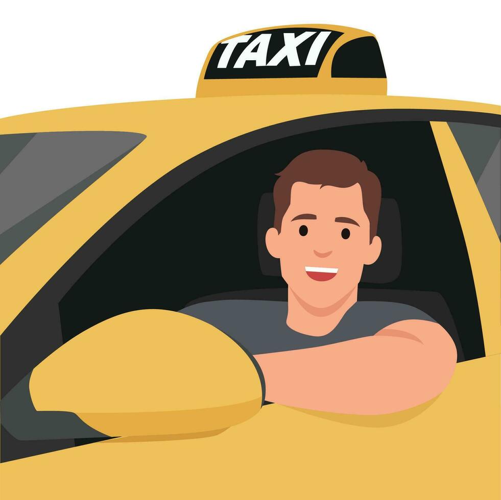 Taxi driver profession during work concept. Young smiling handsome man taxi driver sitting in yellow car and looking from window during job. vector