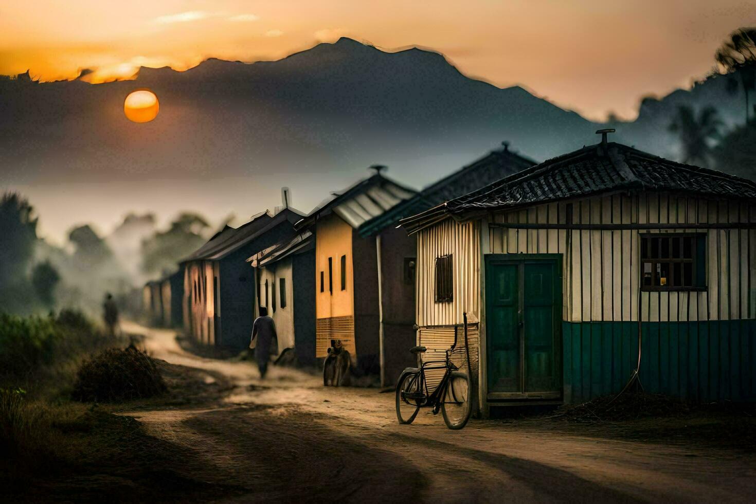 a bicycle is parked in front of a small shack. AI-Generated photo