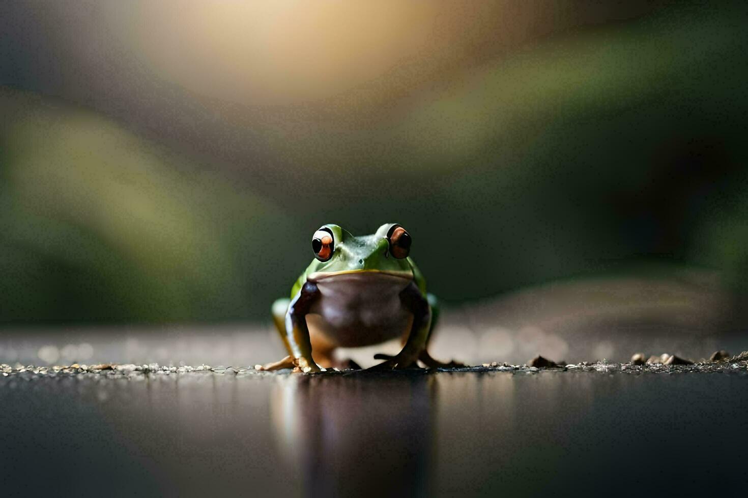 a frog sitting on the ground with a blurry background. AI-Generated photo