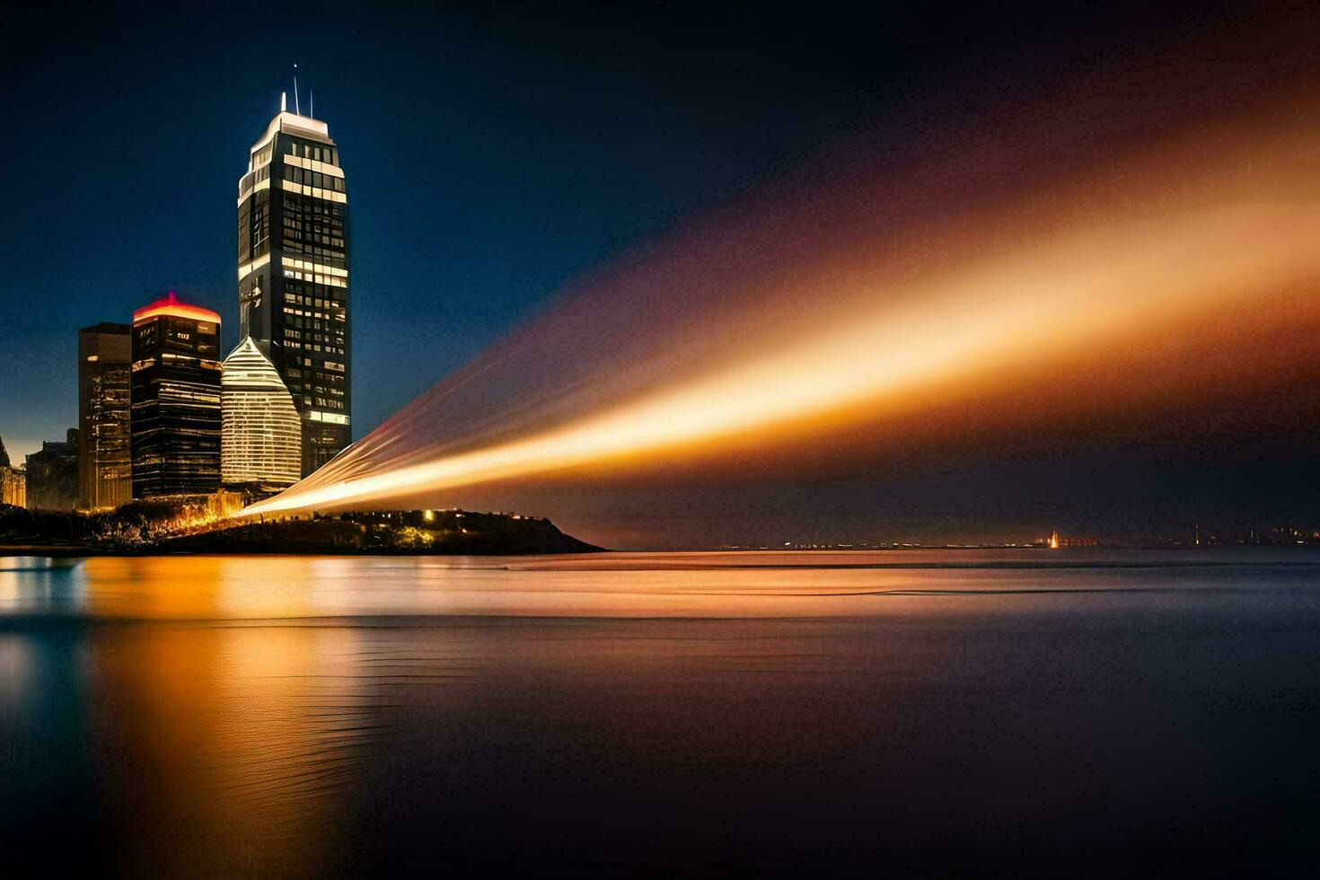 el ciudad horizonte es iluminado arriba a noche. generado por ai foto