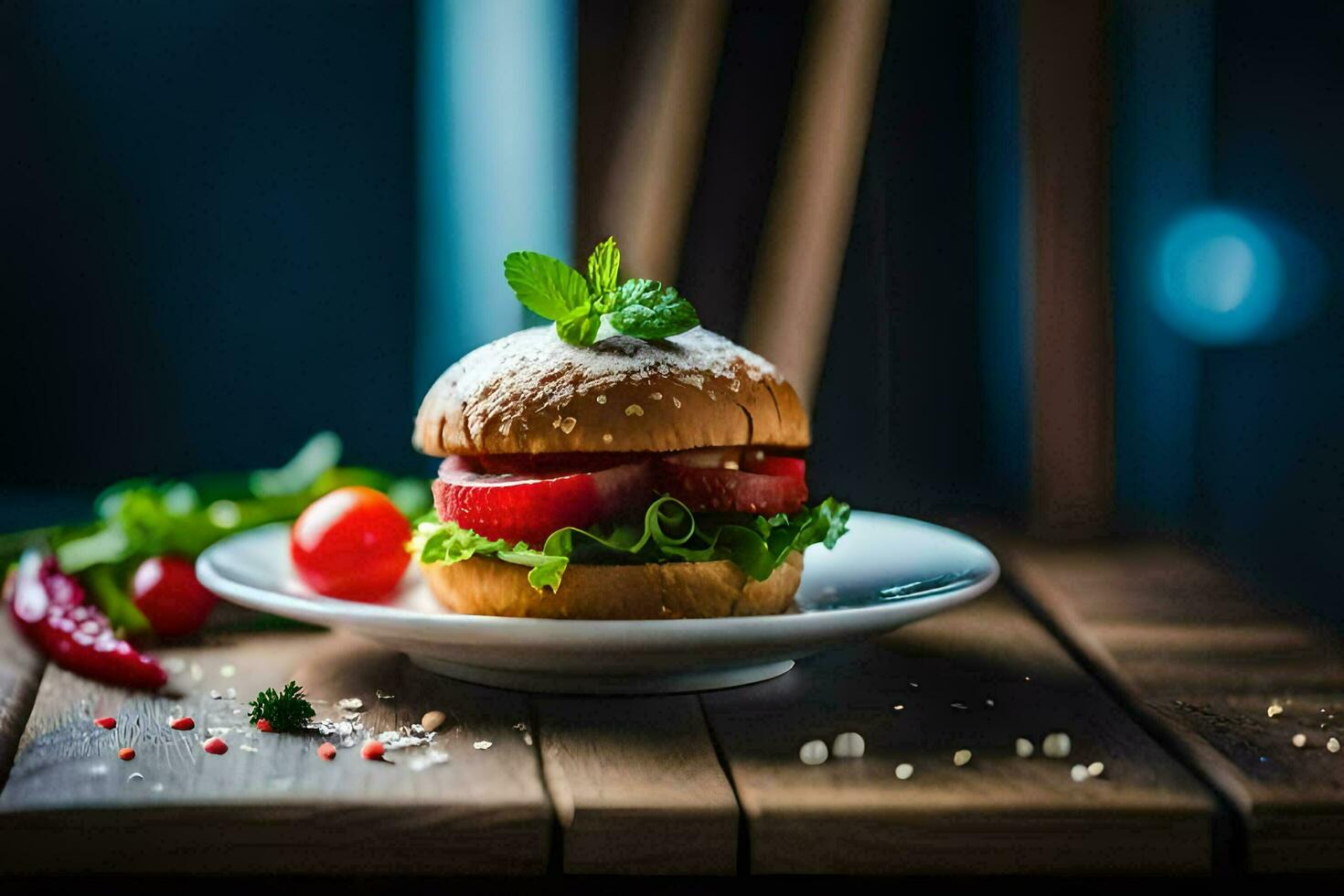 un hamburguesa en un plato con Tomates y hierbas. generado por ai foto