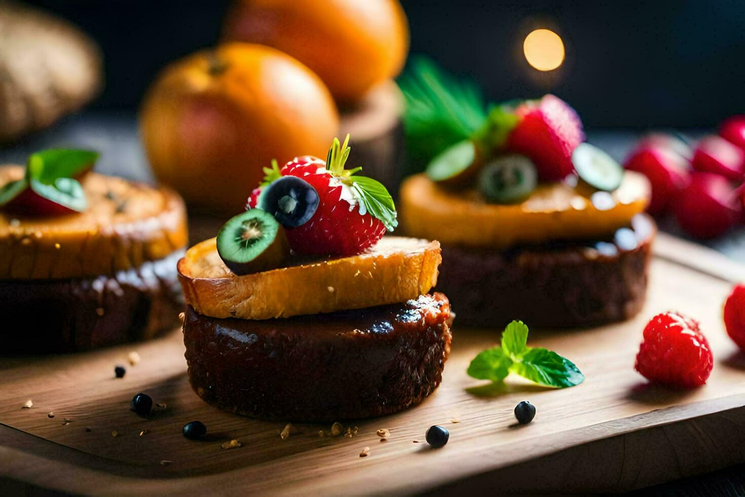 pequeño pasteles con Fruta y bayas en un de madera corte tablero. generado por ai foto